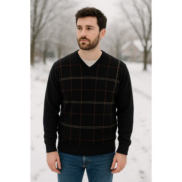 Alan Flusser Golf Pure Cashmere Sweater XXL Black Windowpane V-Neck - Picture 1 of 5